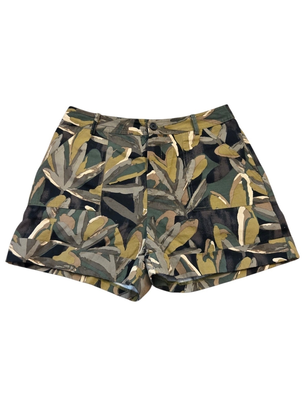 Who What Wear High-Waist Tropical Leaf Cuffed Shorts in Green and Tan -Size 8